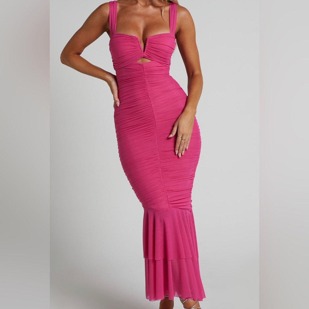 Ruched Mesh Tiered Dress in Hot Pink
